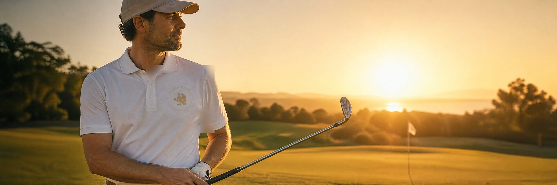 Golfer mit BHAMA-Wappen auf dem Polo blickt in den Sonnenuntergang